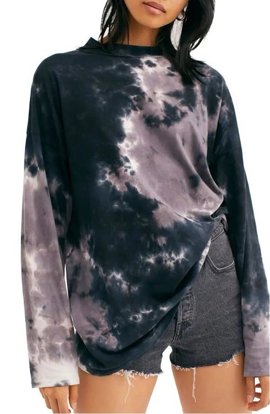Free People Be Free Long Sleeve Crew Neck Oversized Tie Dye T-Shirt Size Large